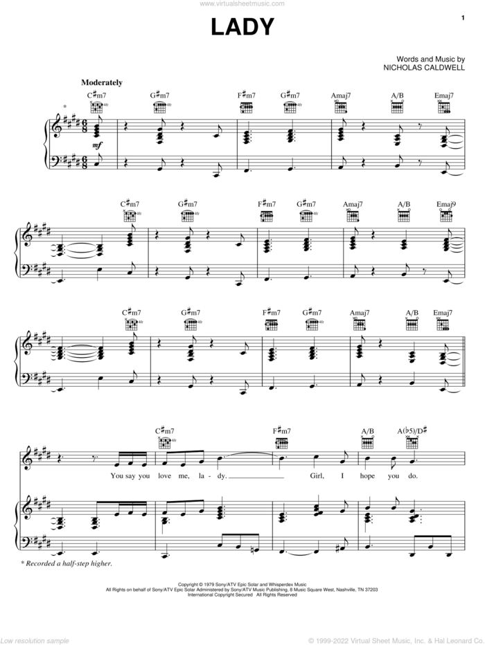 Lady sheet music for voice, piano or guitar by The Whispers and Nicholas Caldwell, intermediate skill level