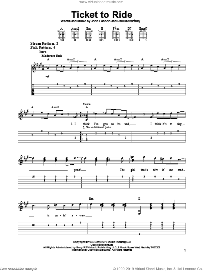 Ticket To Ride sheet music for guitar solo (easy tablature) by The Beatles, John Lennon and Paul McCartney, easy guitar (easy tablature)