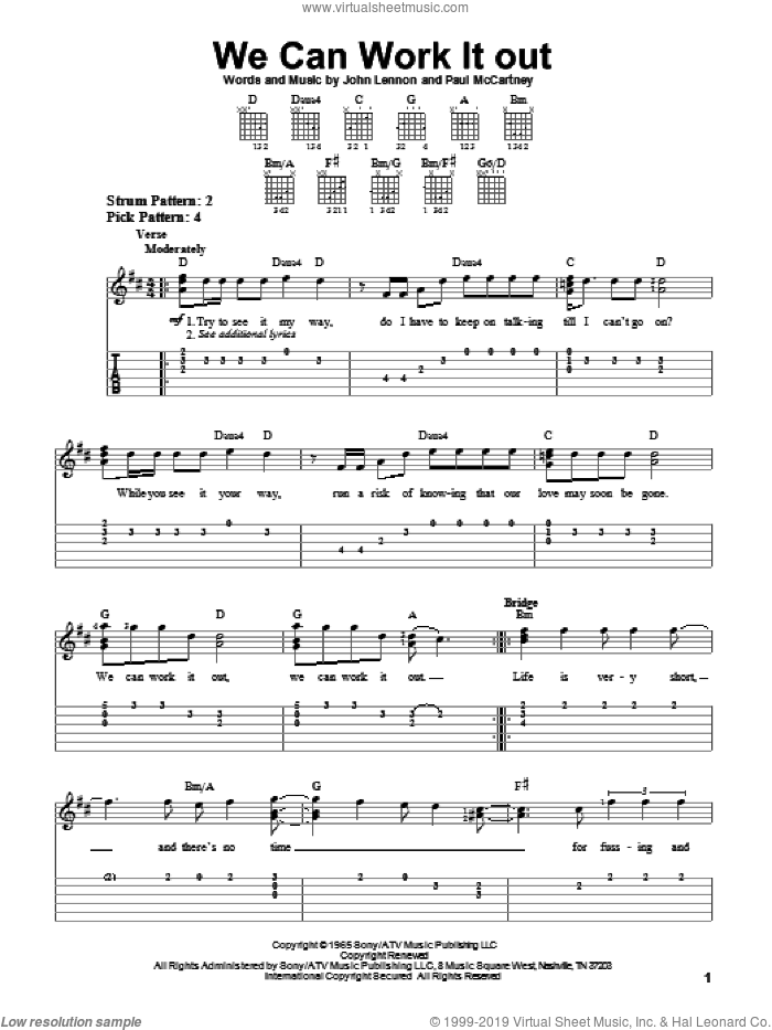 We Can Work It Out sheet music for guitar solo (easy tablature) by The Beatles, John Lennon and Paul McCartney, easy guitar (easy tablature)