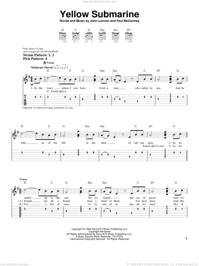 Yellow Submarine sheet music for guitar solo (easy tablature) by The Beatles, John Lennon and Paul McCartney, easy guitar (easy tablature)