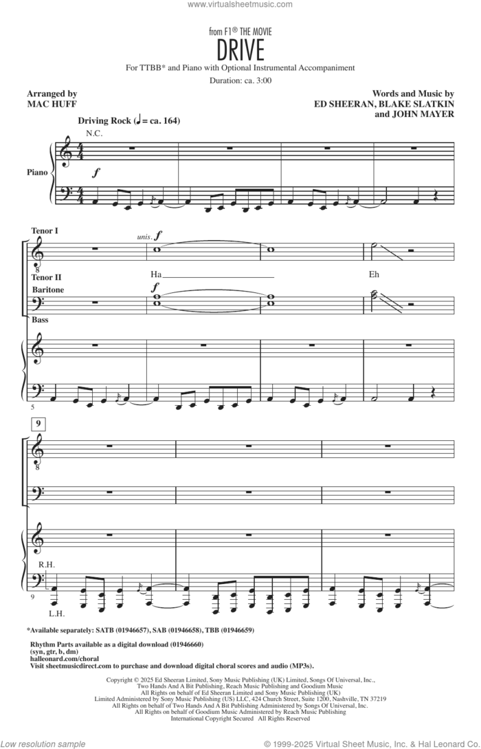 Drive (from F1 The Movie) (arr. Mac Huff) sheet music for choir (TBB: tenor, bass) by Ed Sheeran, Mac Huff, Blake Slatkin and John Clayton Mayer, intermediate skill level