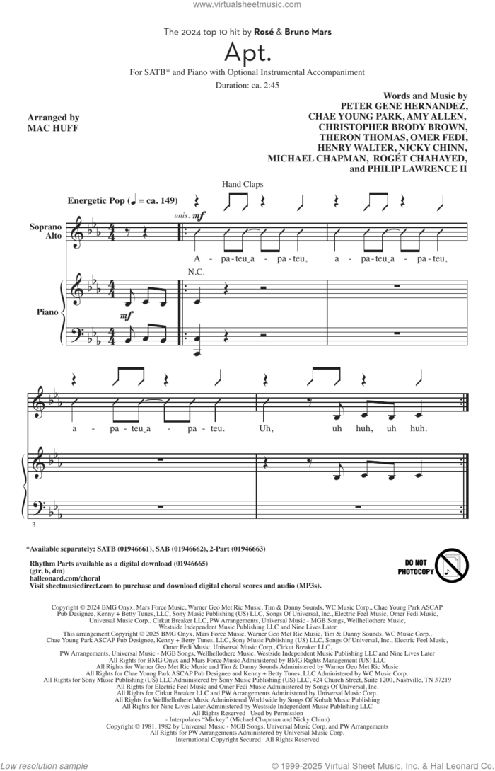 APT. (arr. Mac Huff) sheet music for choir (SATB: soprano, alto, tenor, bass) by ROSÉ & Bruno Mars, Mac Huff, Amy Allen, Chae Young Park, Christopher Brody Brown, Henry Walter, Mike Chapman, Nicholas Chinn (Nicky Chinn), Omer Fedi, Peter Gene Hernandez, Philip Lawrence II, Roget Chahayed and Theron Thomas, intermediate skill level