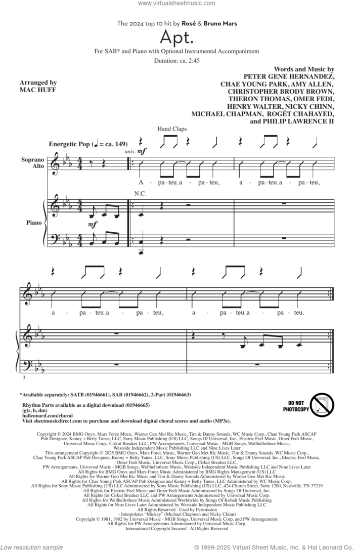APT. (arr. Mac Huff) sheet music for choir (SAB: soprano, alto, bass) by ROSÉ & Bruno Mars, Mac Huff, Amy Allen, Chae Young Park, Christopher Brody Brown, Henry Walter, Mike Chapman, Nicholas Chinn (Nicky Chinn), Omer Fedi, Peter Gene Hernandez, Philip Lawrence II, Roget Chahayed and Theron Thomas, intermediate skill level