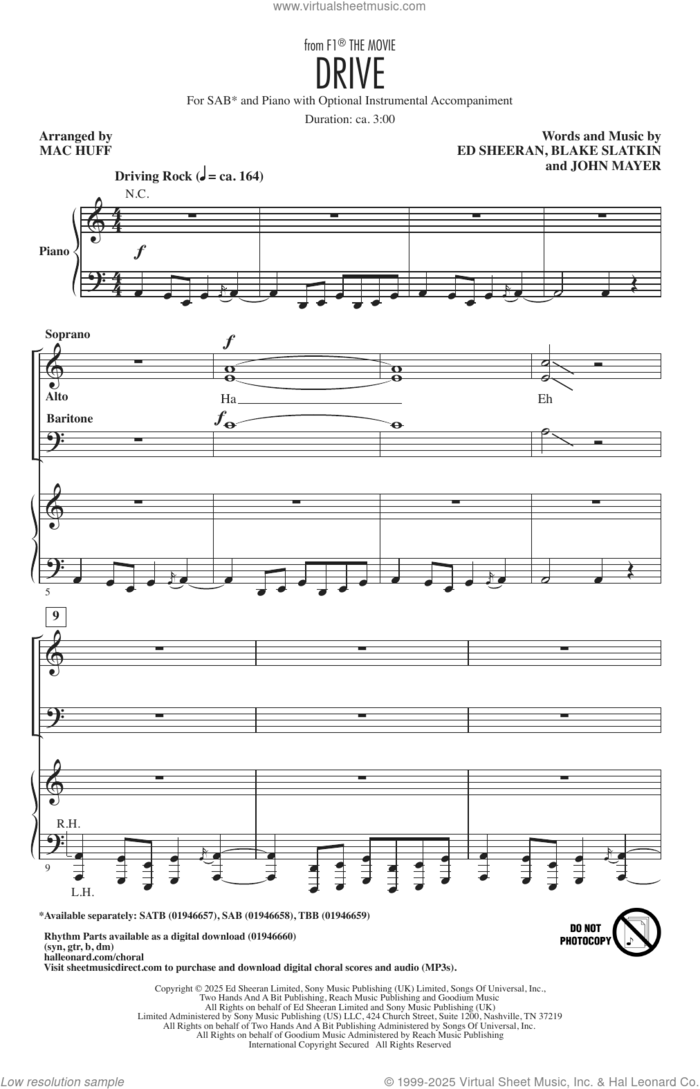 Drive (from F1 The Movie) (arr. Mac Huff) sheet music for choir (SAB: soprano, alto, bass) by Ed Sheeran, Mac Huff, Blake Slatkin and John Clayton Mayer, intermediate skill level