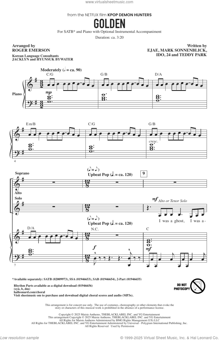 Golden (from KPop Demon Hunters) (arr. Roger Emerson) sheet music for choir (SATB: soprano, alto, tenor, bass) by Huntr/x (Ejae, Audrey Nuna and Rei Ami), Roger Emerson, 24, EJAE (aka Kim Eun-jae), Ido, Mark Sonnenblick and Teddy Park (aka Park Hong-jun), intermediate skill level
