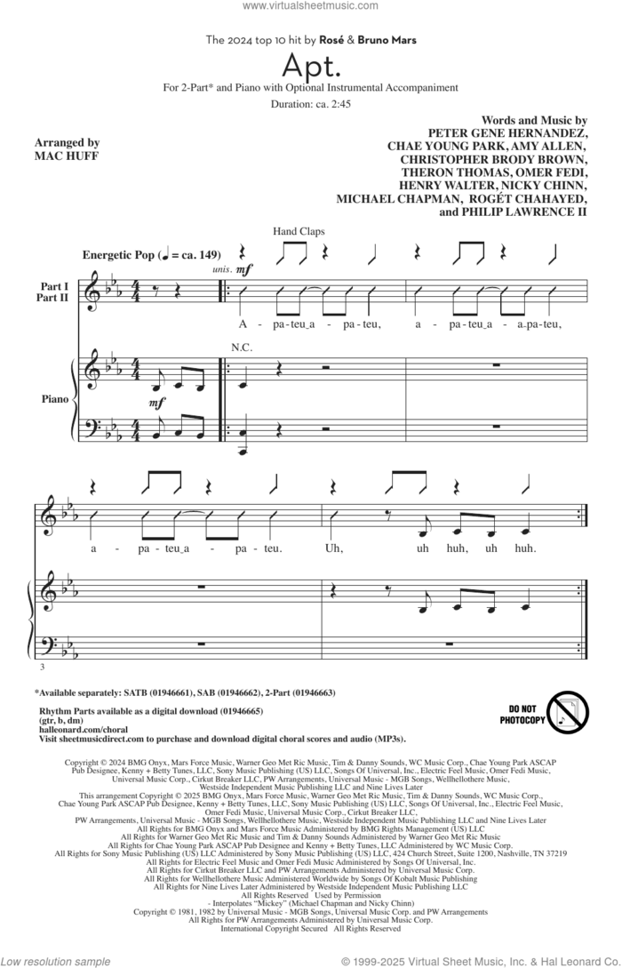 APT. (arr. Mac Huff) sheet music for choir (2-Part) by ROSÉ & Bruno Mars, Mac Huff, Amy Allen, Chae Young Park, Christopher Brody Brown, Henry Walter, Mike Chapman, Nicholas Chinn (Nicky Chinn), Omer Fedi, Peter Gene Hernandez, Philip Lawrence II, Roget Chahayed and Theron Thomas, intermediate duet