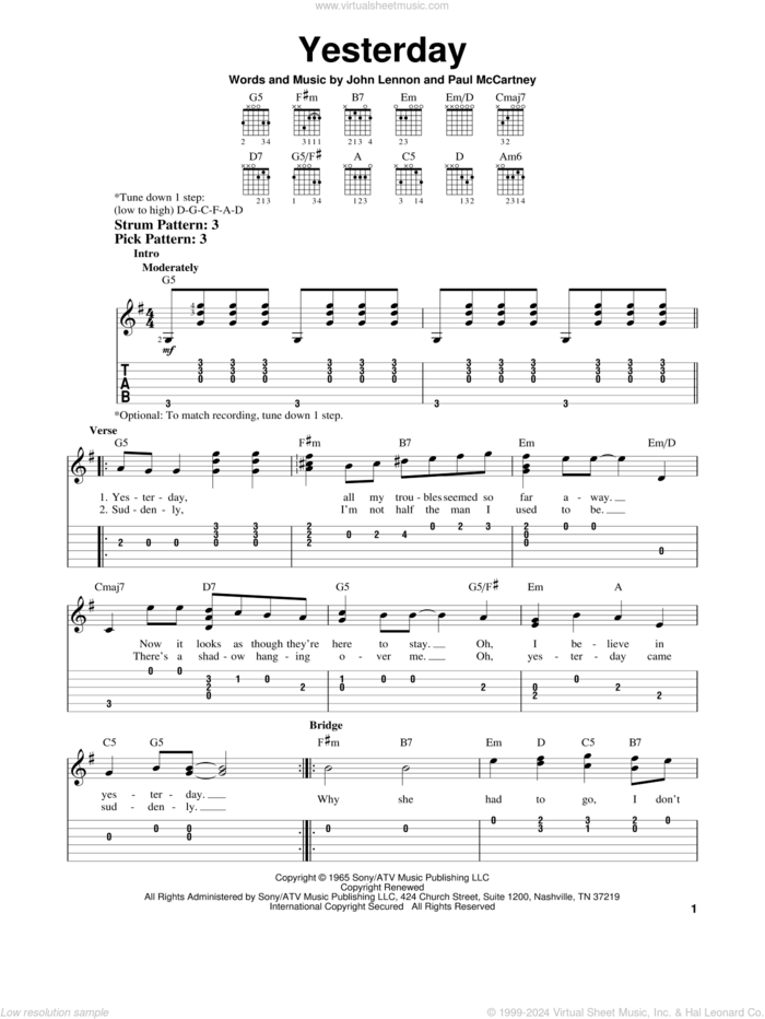 Yesterday sheet music for guitar solo (easy tablature) by The Beatles, John Lennon and Paul McCartney, easy guitar (easy tablature)