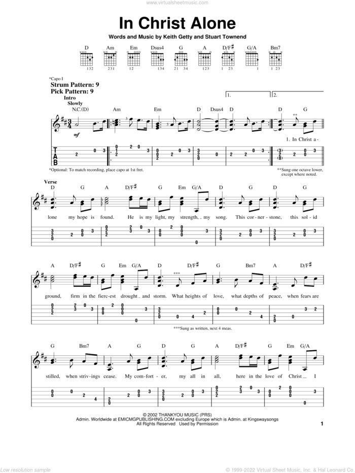 In Christ Alone sheet music for guitar solo (easy tablature) by Keith & Kristyn Getty, Margaret Becker, Newsboys, Keith Getty and Stuart Townend, easy guitar (easy tablature)