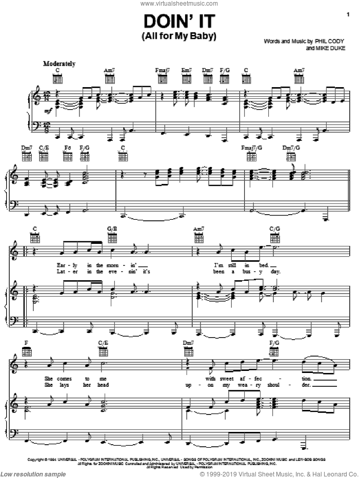 Doin' It (All For My Baby) sheet music for voice, piano or guitar by Huey Lewis & The News, Mike Duke and Phil Cody, wedding score, intermediate skill level