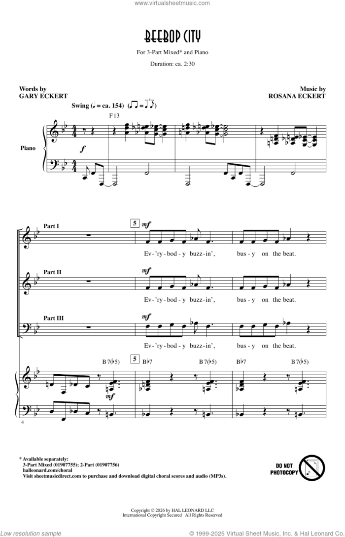 Beebop City sheet music for choir (3-Part Mixed) by Gary Eckert and Rosana Eckert, intermediate skill level