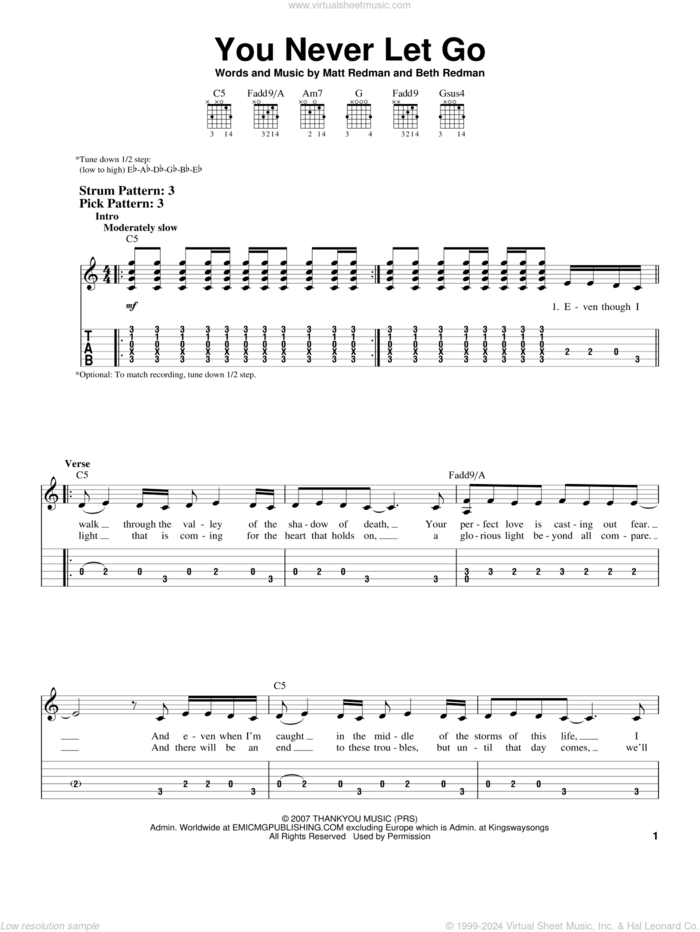 You Never Let Go sheet music for guitar solo (easy tablature) by Matt Redman and Beth Redman, easy guitar (easy tablature)