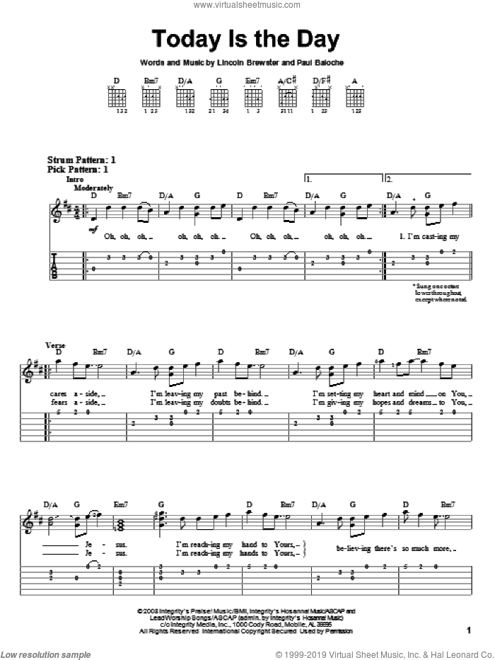 Today Is The Day sheet music for guitar solo (easy tablature) by Lincoln Brewster and Paul Baloche, easy guitar (easy tablature)