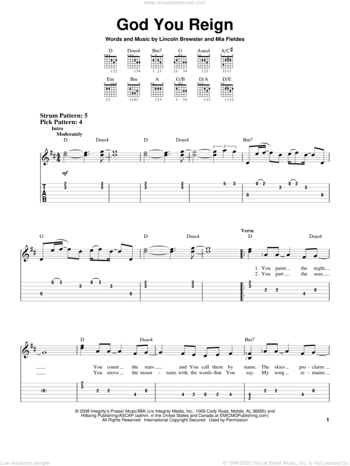 God You Reign sheet music for guitar solo (easy tablature) by Lincoln Brewster and Mia Fieldes, easy guitar (easy tablature)