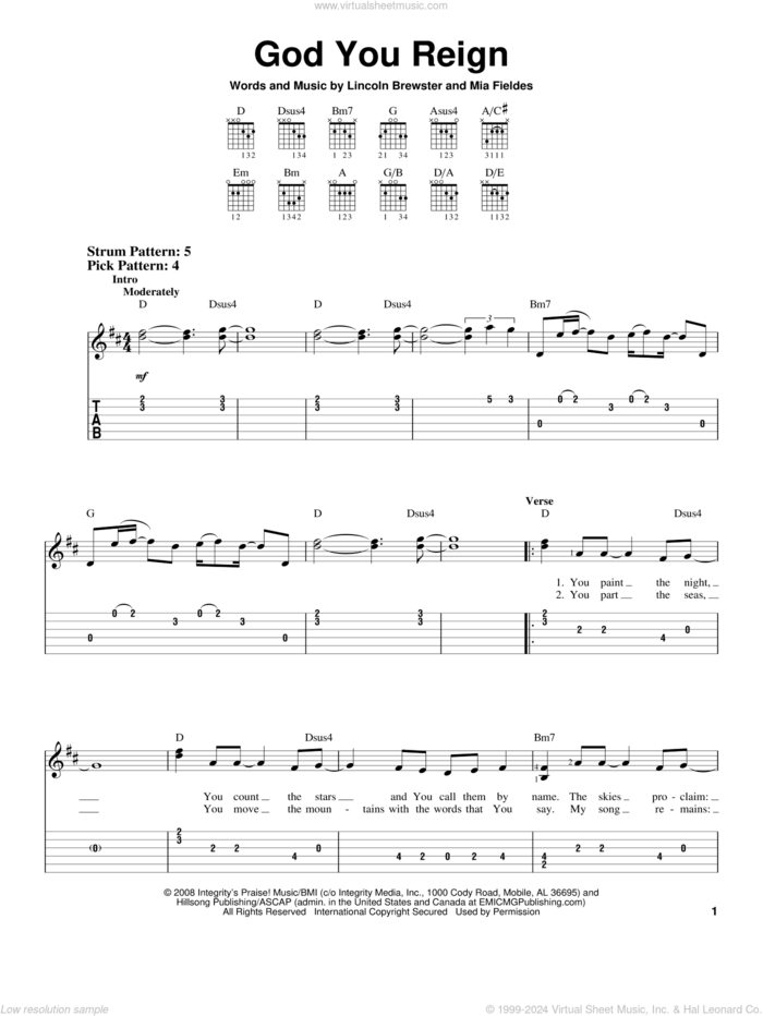 God You Reign sheet music for guitar solo (easy tablature) by Lincoln Brewster and Mia Fieldes, easy guitar (easy tablature)