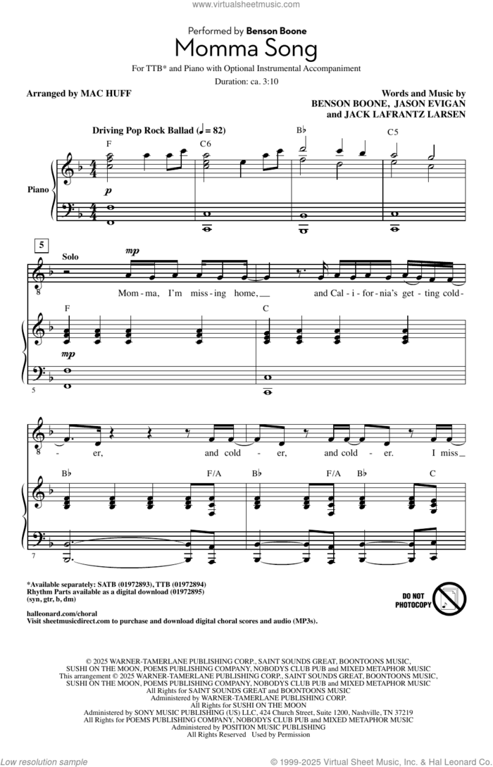 Momma Song (arr. Mac Huff) sheet music for choir (TTBBB) by Benson Boone, Mac Huff, Jackson Lafrantz Larsen and Jason Evigan, intermediate skill level