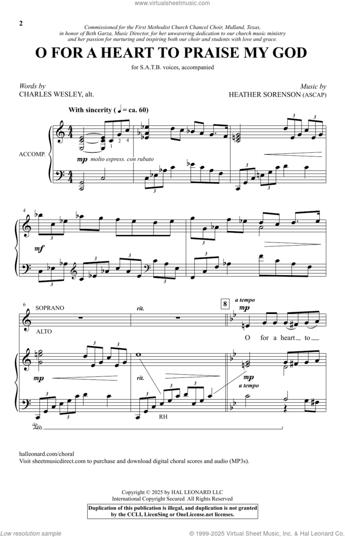 O For A Heart To Praise My God sheet music for choir (SATB: soprano, alto, tenor, bass) by Heather Sorenson and Charles Wesley, intermediate skill level