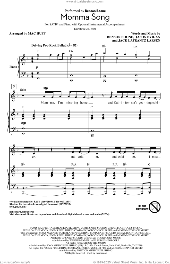 Momma Song (arr. Mac Huff) sheet music for choir (SATB: soprano, alto, tenor, bass) by Benson Boone, Mac Huff, Jackson Lafrantz Larsen and Jason Evigan, intermediate skill level