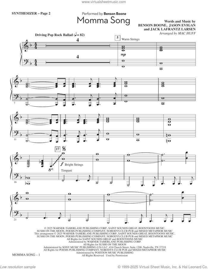 Momma Song (arr. Mac Huff) (complete set of parts) sheet music for orchestra/band (Rhythm) by Benson Boone, Jackson Lafrantz Larsen, Jason Evigan and Mac Huff, intermediate skill level