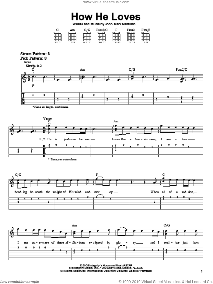 How He Loves sheet music for guitar solo (easy tablature) by David Crowder Band and John Mark McMillan, easy guitar (easy tablature)