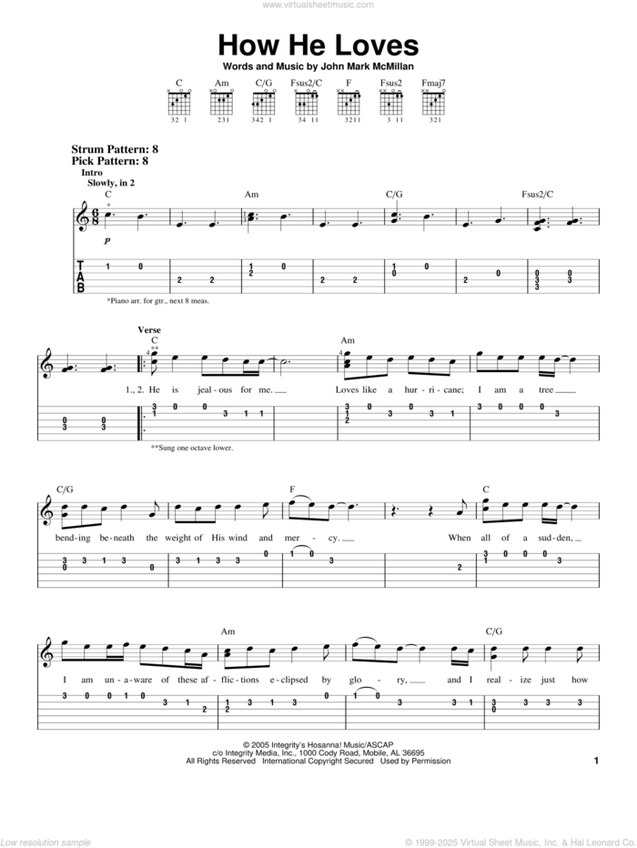 How He Loves sheet music for guitar solo (easy tablature) by David Crowder Band and John Mark McMillan, easy guitar (easy tablature)