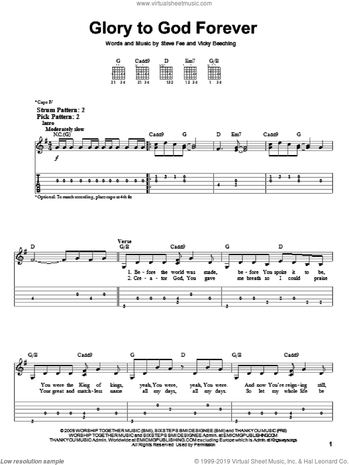 Glory To God Forever sheet music for guitar solo (easy tablature) by Vicky Beeching and Steve Fee, easy guitar (easy tablature)