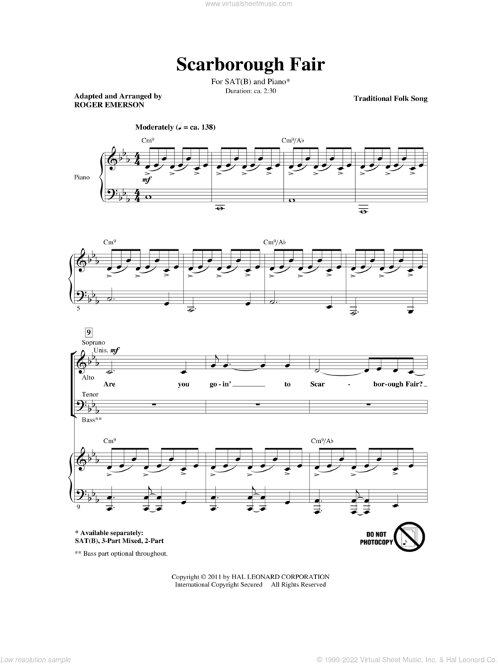 Scarborough Fair sheet music for choir (SATB: soprano, alto, tenor, bass) by Roger Emerson, Miscellaneous and Traditional English Ballad, intermediate skill level