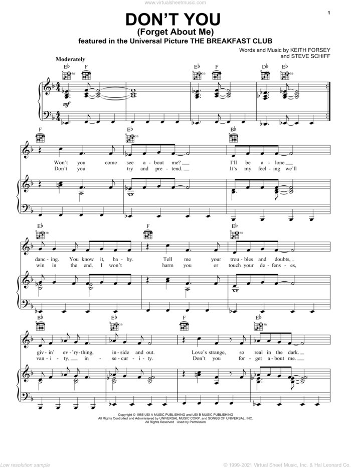 Don't You (Forget About Me) sheet music for voice, piano or guitar by Simple Minds, Keith Forsey and Steve Schiff, intermediate skill level