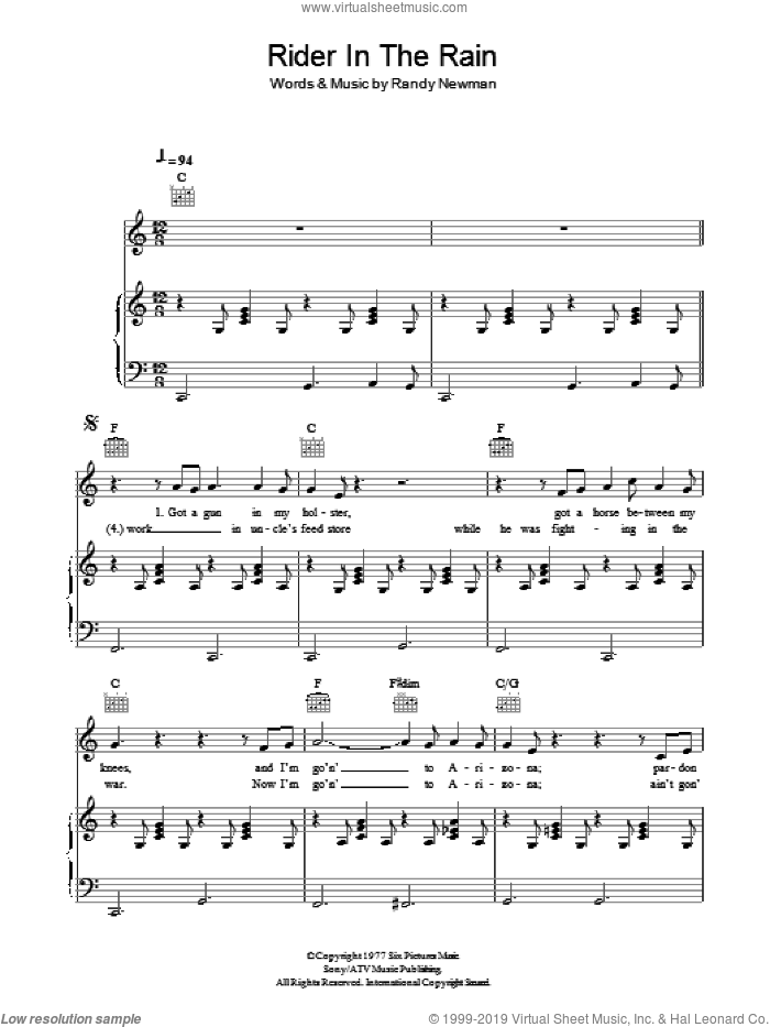 Rider In The Rain sheet music for voice, piano or guitar by Randy Newman, intermediate skill level