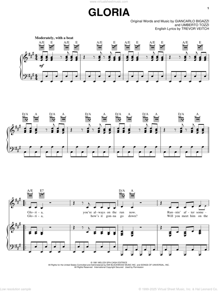 Gloria sheet music for voice, piano or guitar by Laura Brannigan, Giancarlo Bigazzi, Trevor Veitch and Umberto Tozzi, intermediate skill level