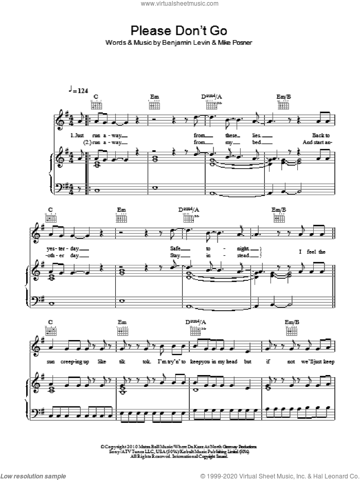 Please Don't Go sheet music for voice, piano or guitar by Mike Posner and Benjamin Levin, intermediate skill level