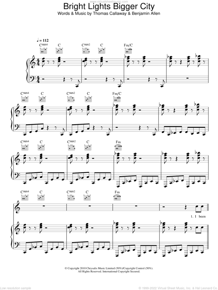 Bright Lights Big City sheet music for voice, piano or guitar by James Blunt, Cee Lo Green, Benjamin Allen and Thomas Callaway, intermediate skill level