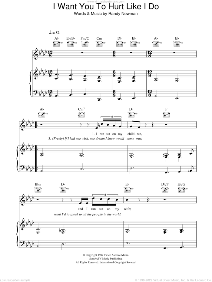 I Want You To Hurt Like I Do sheet music for voice, piano or guitar by Randy Newman, intermediate skill level