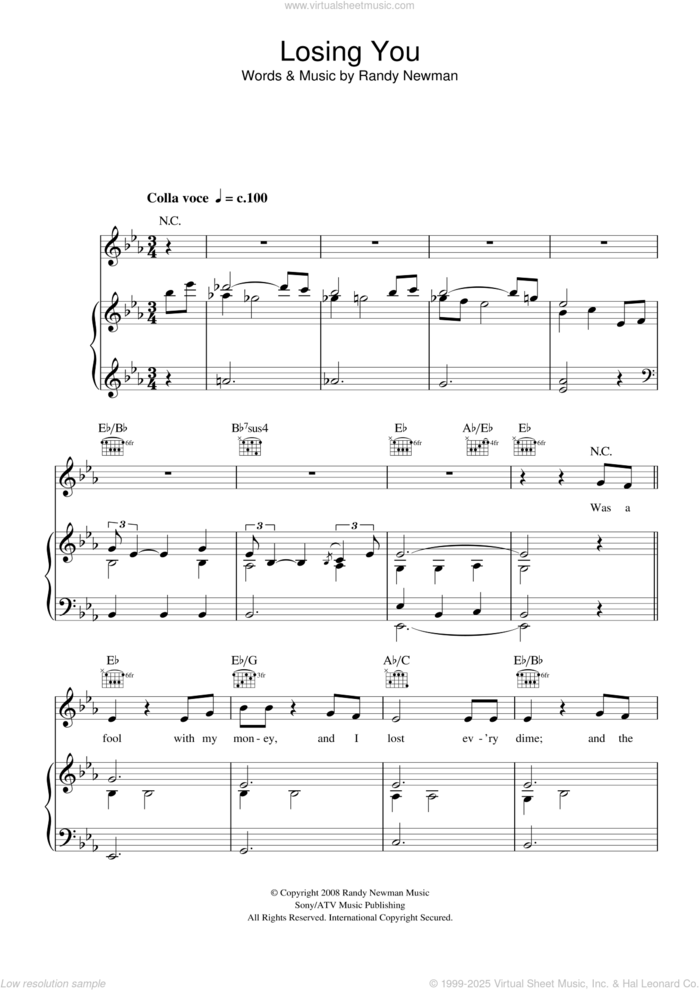 Losing You sheet music for voice, piano or guitar by Randy Newman, intermediate skill level