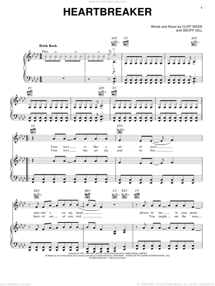 Heartbreaker sheet music for voice, piano or guitar by Pat Benatar, Cliff Wade and Geoff Gill, intermediate skill level