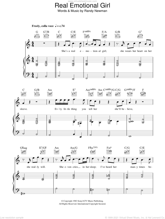 Real Emotional Girl sheet music for voice, piano or guitar by Randy Newman, intermediate skill level