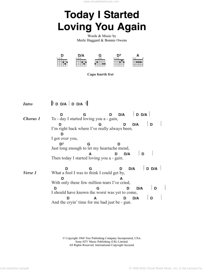 Today I Started Loving You Again sheet music for guitar (chords) by Merle Haggard and Bonnie Owens, intermediate skill level