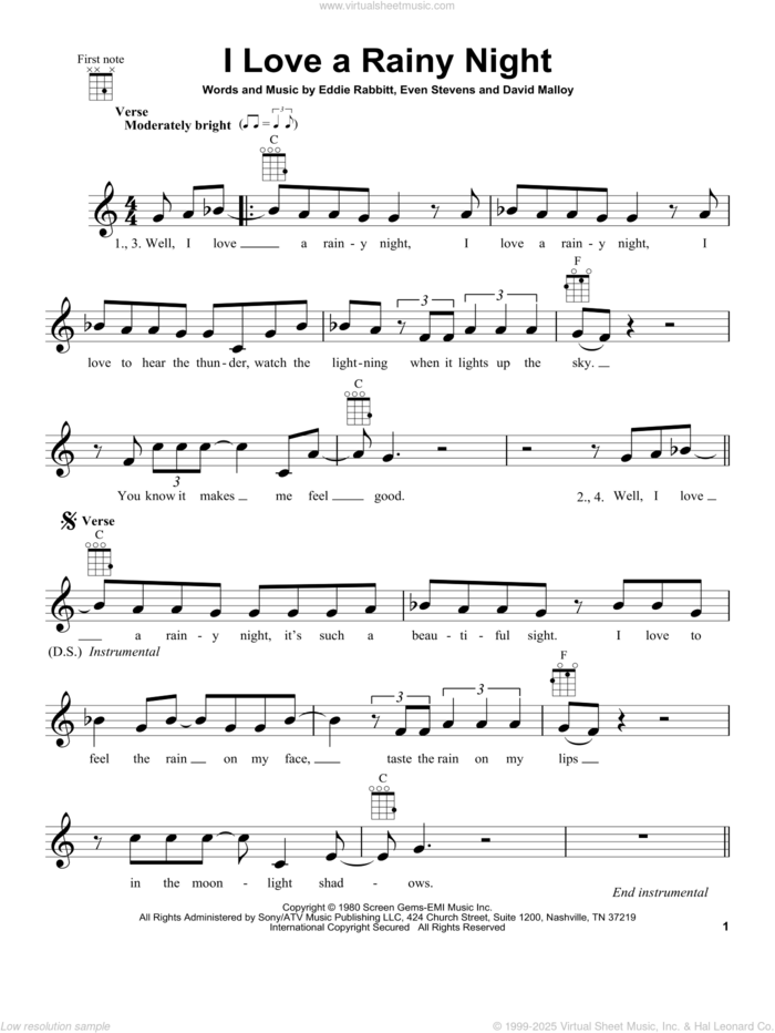 I Love A Rainy Night sheet music for voice, piano or guitar by Eddie Rabbitt, David Malloy and Even Stevens, intermediate skill level