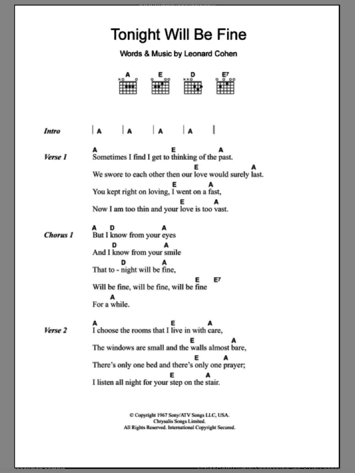 Tonight Will Be Fine sheet music for guitar (chords) by Leonard Cohen, intermediate skill level