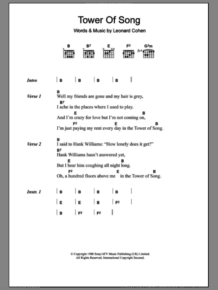 Tower Of Song sheet music for guitar (chords) by Leonard Cohen, intermediate skill level