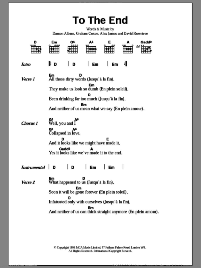 To The End sheet music for guitar (chords) by Blur, Alex James, Damon Albarn, David Rowntree and Graham Coxon, intermediate skill level