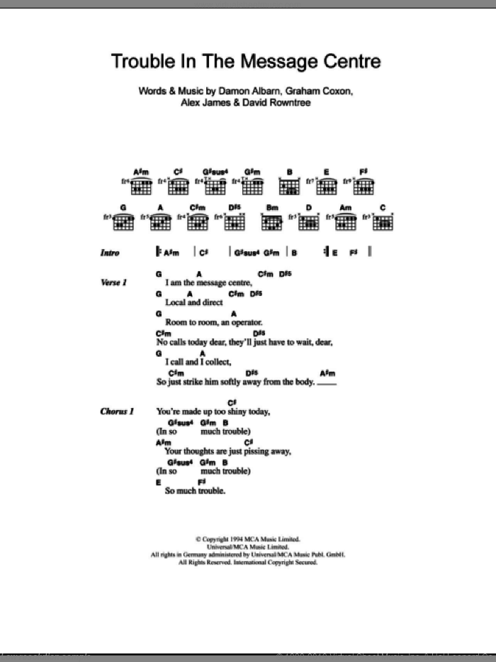 Trouble In The Message Centre sheet music for guitar (chords) by Blur, Alex James, Damon Albarn, David Rowntree and Graham Coxon, intermediate skill level