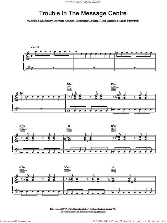 Trouble In The Message Centre sheet music for voice, piano or guitar by Blur, Alex James, Damon Albarn, David Rowntree and Graham Coxon, intermediate skill level