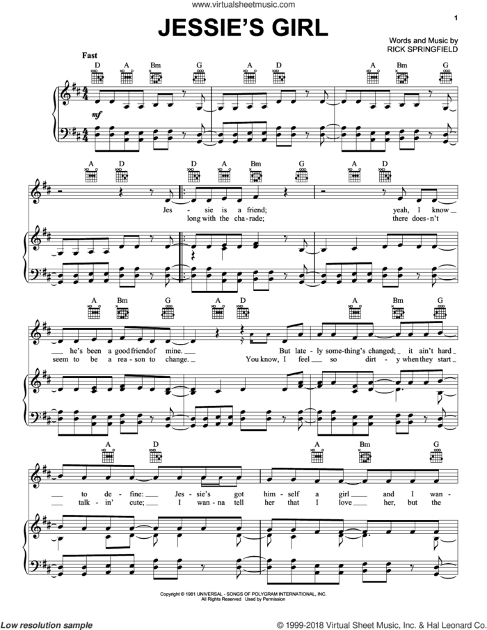 Jessie's Girl sheet music for voice, piano or guitar by Rick Springfield, intermediate skill level