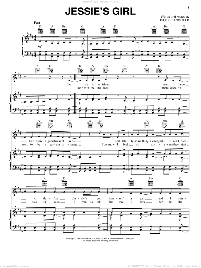 Jessie's Girl sheet music for voice, piano or guitar by Rick Springfield, intermediate skill level