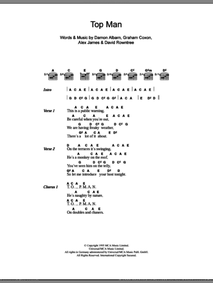 Top Man sheet music for guitar (chords) by Blur, Alex James, Damon Albarn, David Rowntree and Graham Coxon, intermediate skill level