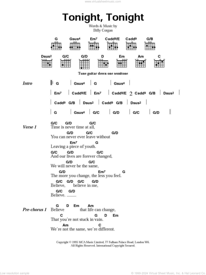 Tonight, Tonight sheet music for guitar (chords) by The Smashing Pumpkins and Billy Corgan, intermediate skill level