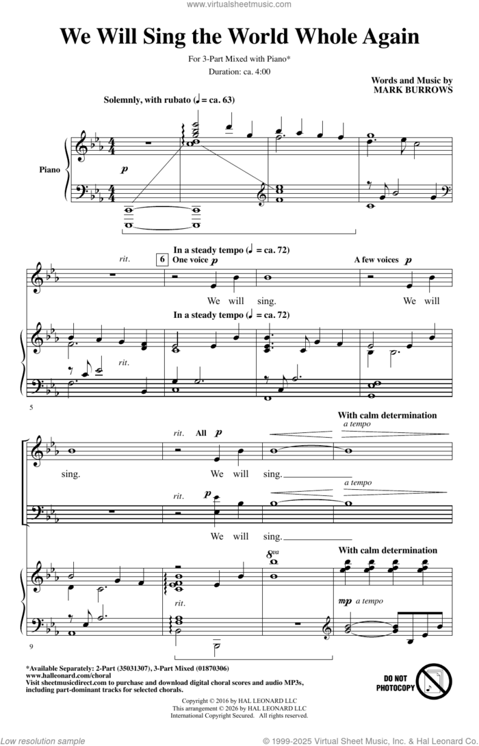 We Will Sing The World Whole Again sheet music for choir (3-Part Mixed) by Mark Burrows, intermediate skill level
