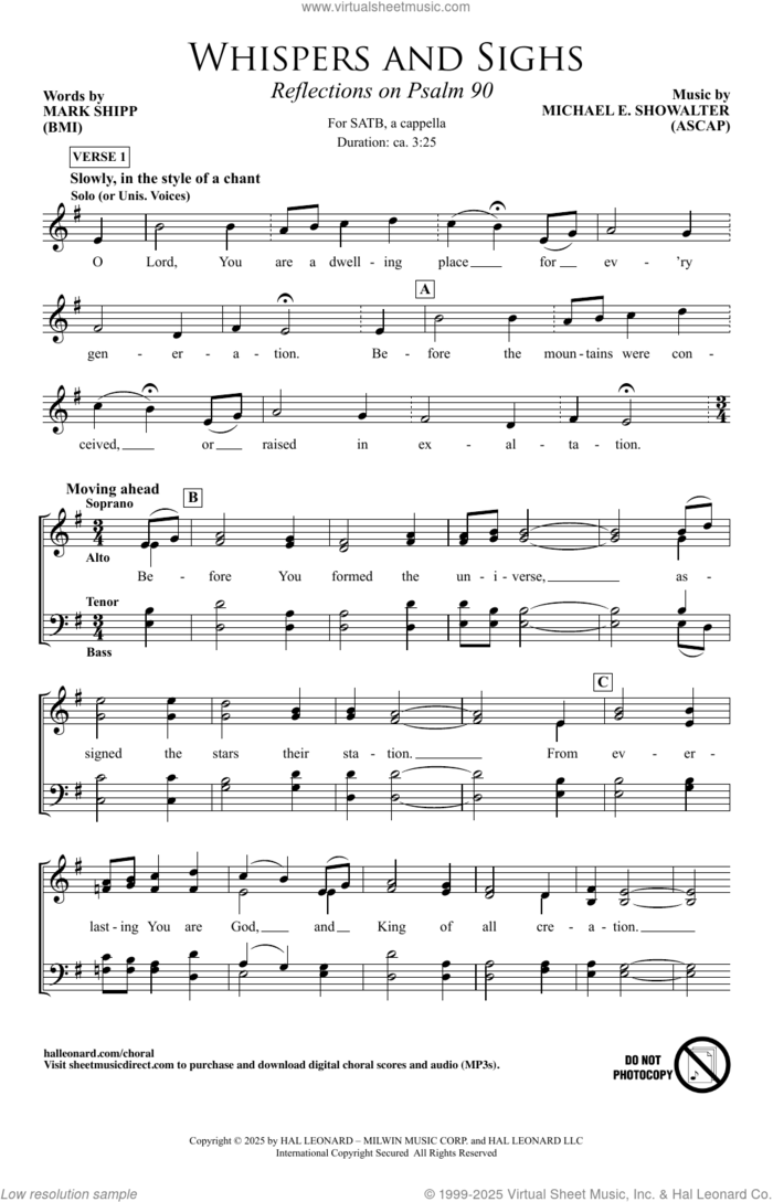 Whispers And Sighs sheet music for choir (SATB: soprano, alto, tenor, bass) by Michael E. Showalter and Mark Shipp, intermediate skill level
