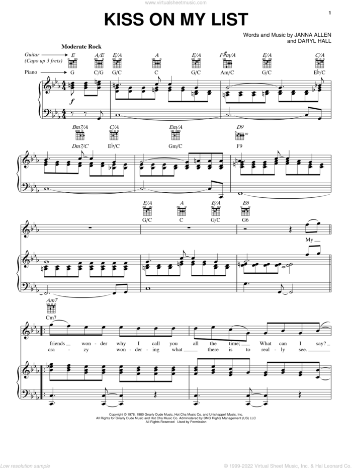 Kiss On My List sheet music for voice, piano or guitar by Hall and Oates, Daryl Hall and Janna Allen, wedding score, intermediate skill level