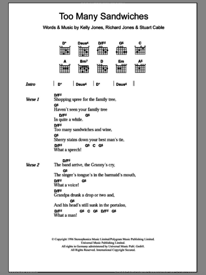 Too Many Sandwiches sheet music for guitar (chords) by Stereophonics, Kelly Jones, Richard Jones and Stuart Cable, intermediate skill level
